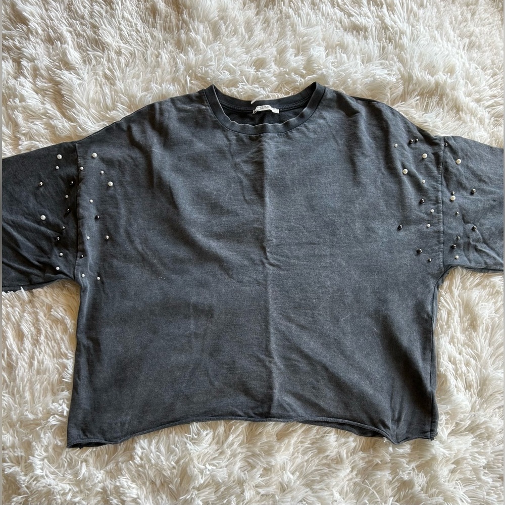 Zara | Charcoal Gray Pearl Studded Crewneck Sweatshirt - Picture 3 of 5